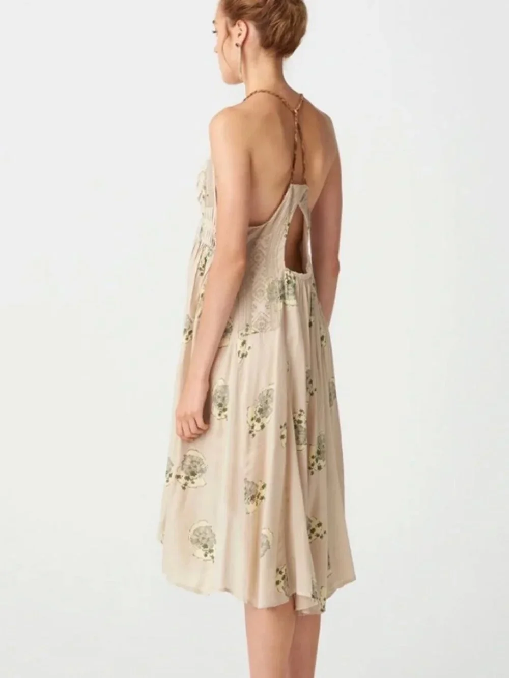 Free People Fauna Midi Dress- Cream Green Floral Hi-Low Halter